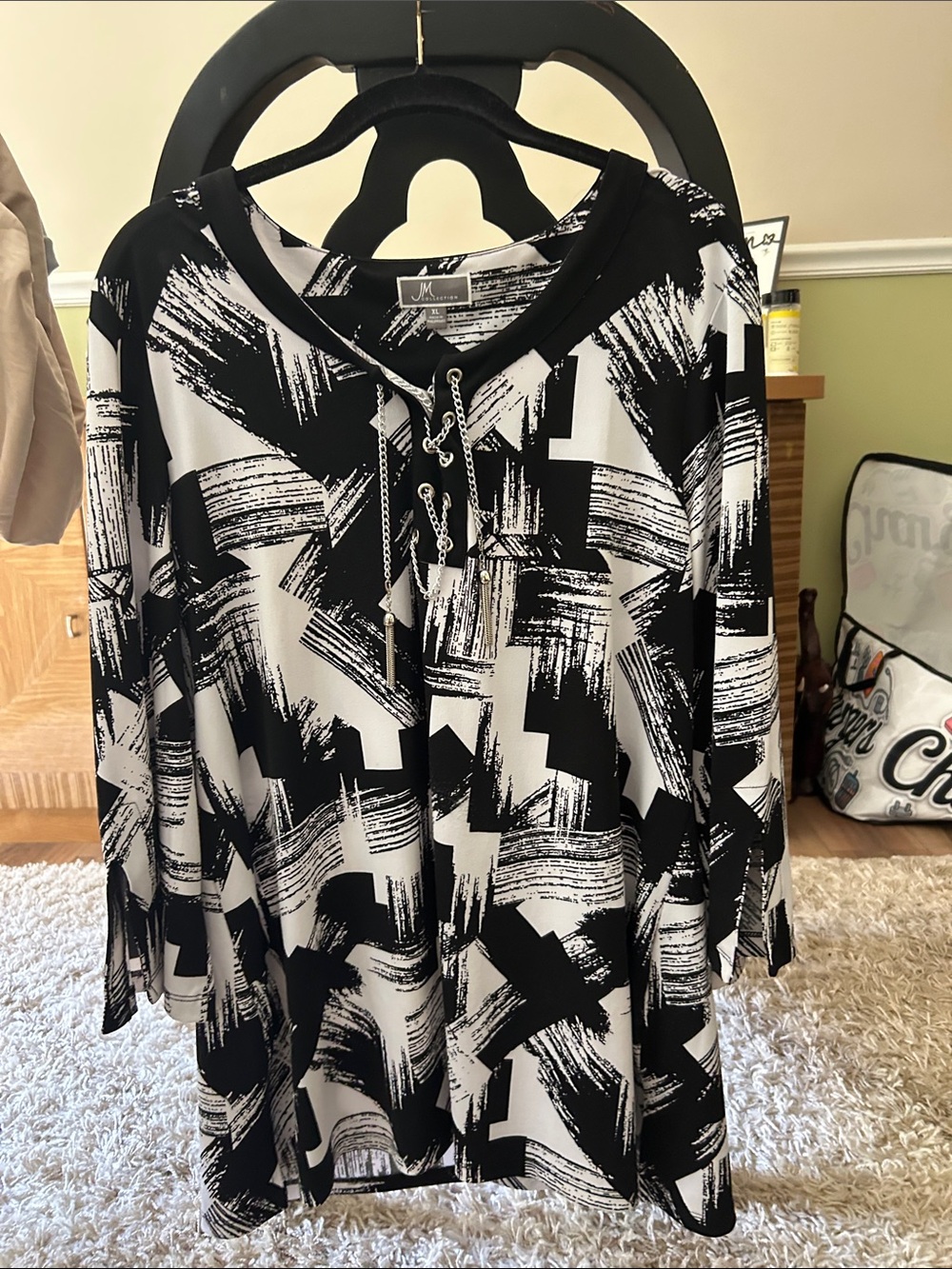 JM Collection Black & White Abstract Lace-Up Tunic